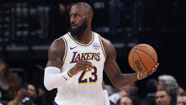 Nov 23, 2025; Salt Lake City, Utah, USA; Los Angeles Lakers forward LeBron James (23) looks for the play against the Utah Jazz during the second half at Delta Center
