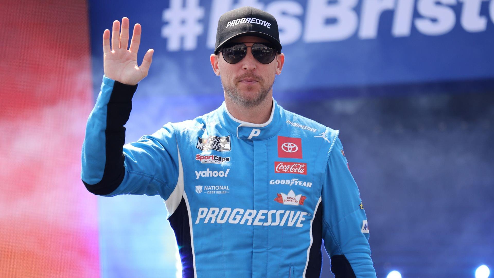 Apr 13, 2025; Bristol, Tennessee, USA; NASCAR Cup Series driver Denny Hamlin (11) during driver introductions for the NASCAR Food City 500 at Bristol Motor Speedway