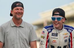 Dale Earnhardt Jr. smiles for a photo with NASCAR Xfinity Series driver Connor Zilisch (88) on Saturday, July 26, 2025, after winning the Pennzoil 250 at Indianapolis Motor Speedway.