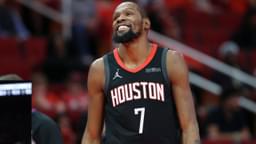 Houston Rockets forward Kevin Durant (7) smiles on the court during the third quarter against the Portland Trail Blazers at Toyota Center.
