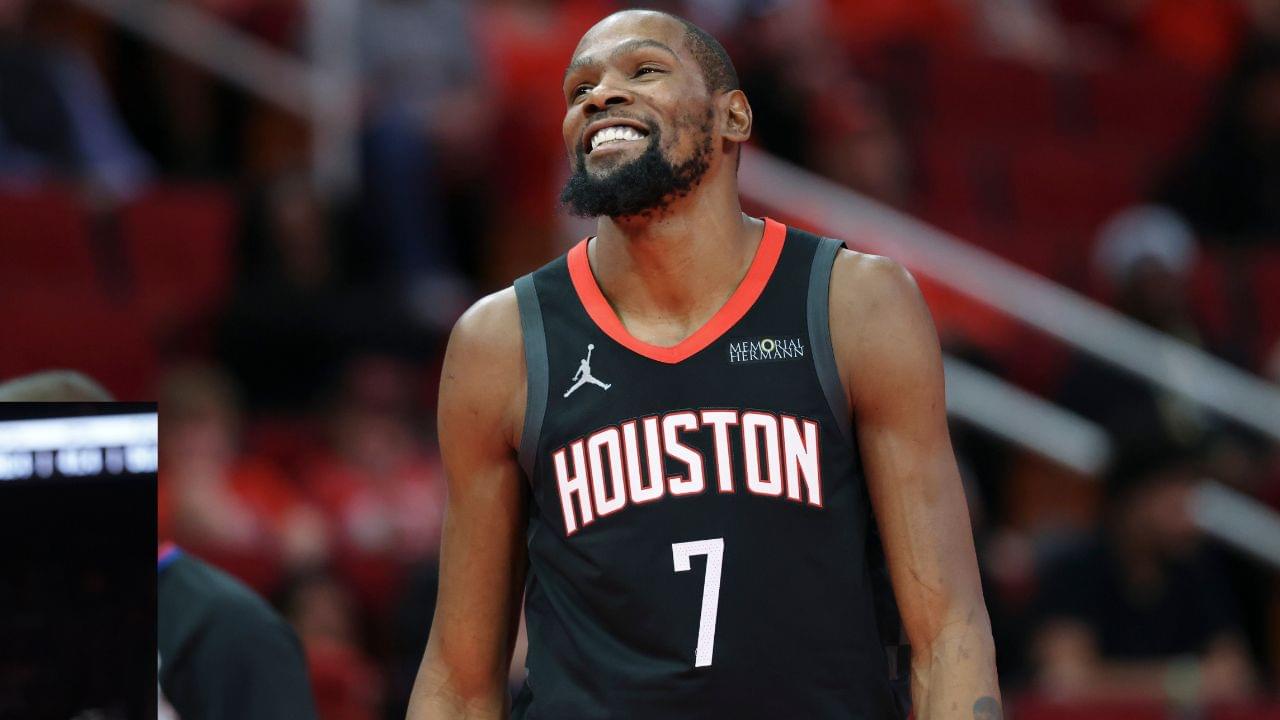 Houston Rockets forward Kevin Durant (7) smiles on the court during the third quarter against the Portland Trail Blazers at Toyota Center.