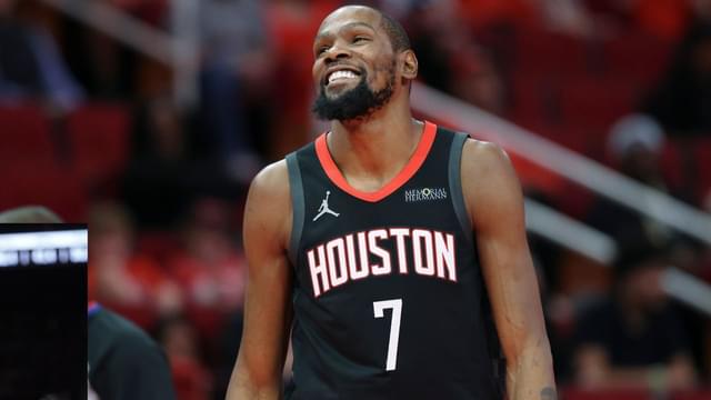 Houston Rockets forward Kevin Durant (7) smiles on the court during the third quarter against the Portland Trail Blazers at Toyota Center.