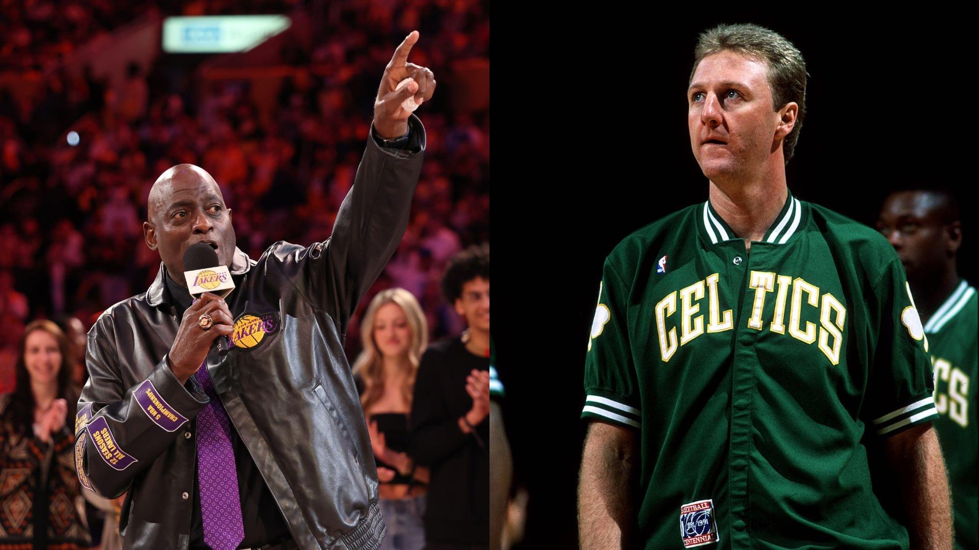 Michael Cooper (L) and Larry Bird (R)