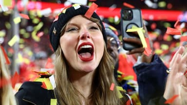 Recording artist Taylor Swift reacts after the AFC Championship game against the Buffalo Bills at GEHA Field at Arrowhead Stadium.