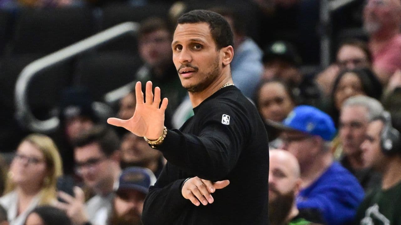 Boston Celtics head coach Joe Mazzulla calls a play in the second quarter against the Milwaukee Bucks at Fiserv Forum.