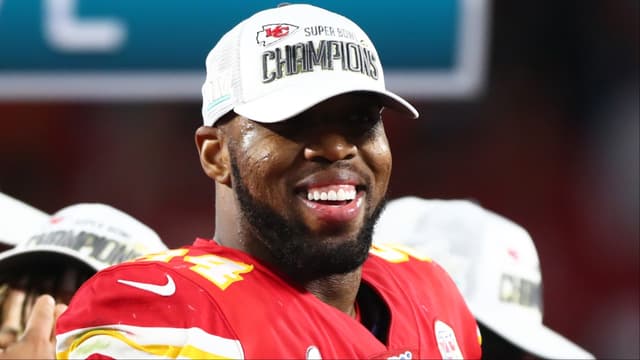 Kansas City Chiefs defensive end Terrell Suggs (94) celebrates after defeating the San Francisco 49ers in Super Bowl LIV at Hard Rock Stadium.