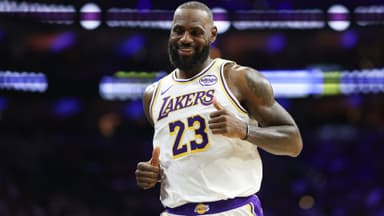 Dec 7, 2025; Philadelphia, Pennsylvania, USA; Los Angeles Lakers forward Lebron James (23) reacts after a play against the Philadelphia 76ers during the second quarter at Xfinity Mobile Arena.