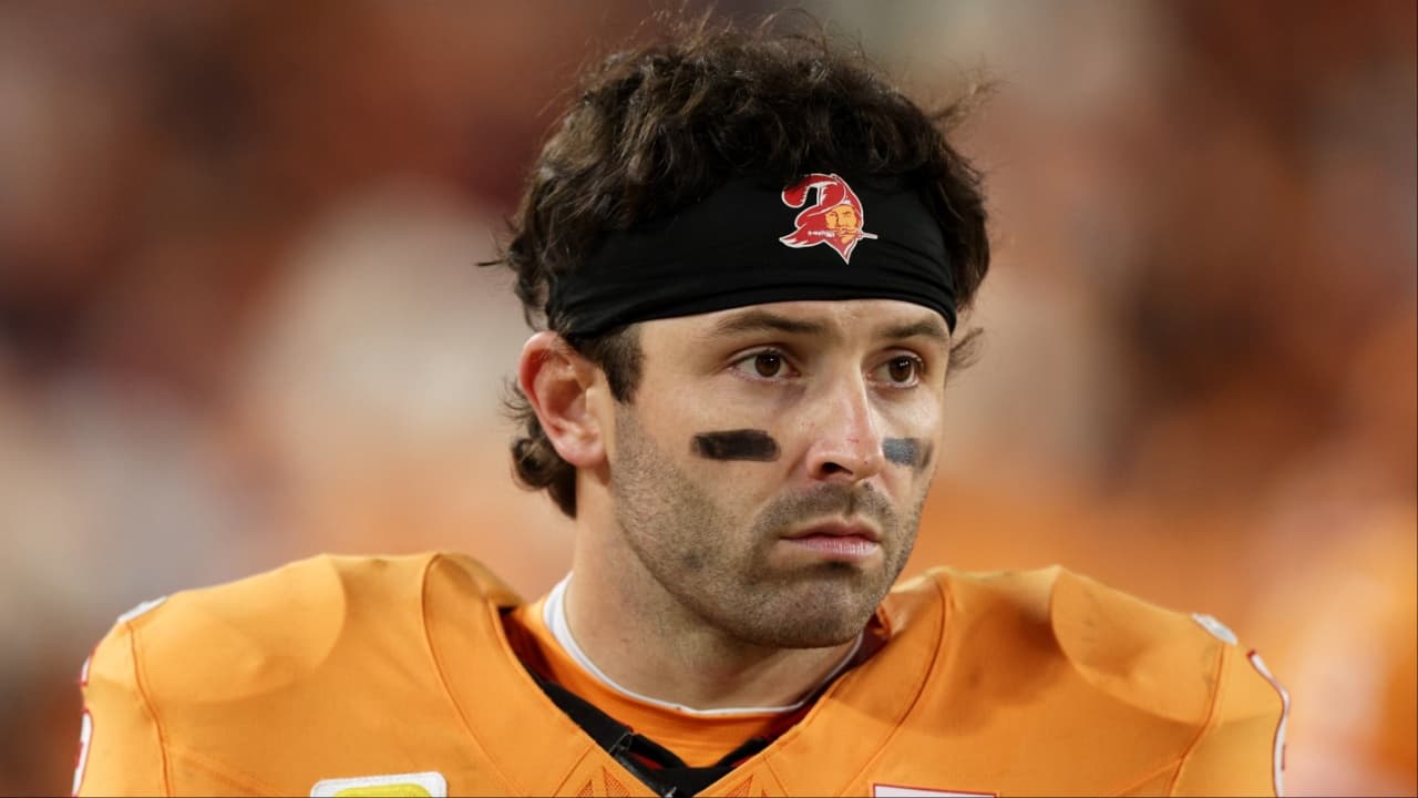 Tampa Bay Buccaneers quarterback Baker Mayfield (6) looks on against the Atlanta Falcons during the fourth quarter at Raymond James Stadium.