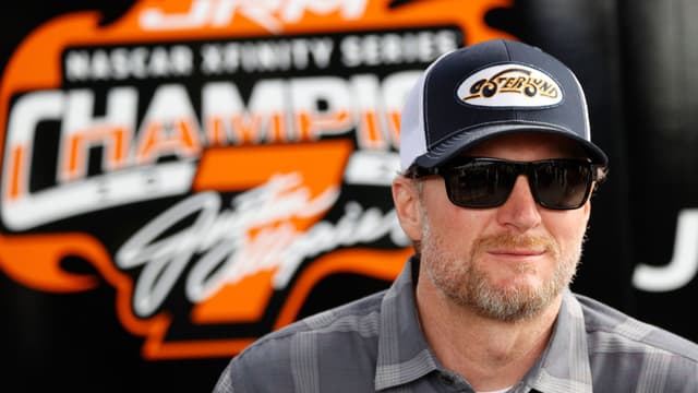 Dale Earnhardt Jr. watches the action from the garage prior to practice for the NASCAR, Motorsport, USA Xfinity Series United Rentals 300 on February 14, 2025