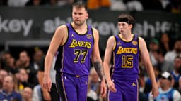 Los Angeles Lakers guard Luka Doncic (77) and guard Austin Reaves (15) during the game between the Dallas Mavericks and the Los Angeles Lakers at American Airlines Center