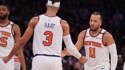 May 21, 2025; New York, New York, USA; New York Knicks guard Jalen Brunson (11) and guard Josh Hart (3) react in the third quarter against the Indiana Pacers during game one of the eastern conference finals for the 2025 NBA Playoffs at Madison Square Garden.
