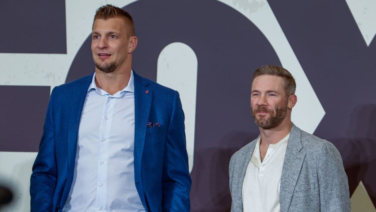 Fox NFL analyst Rob Gronkowski and kickoff analyst Julian Edelman during a Fox Sports media party in advance of Super Bowl LIX at Convention Center.