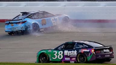 NASCAR Cup Series driver Corey Heim (67) wrecks during the Cracker Barrel 400 at Nashville Superspeedway in Lebanon, Tenn., Sunday, June 1, 2025.