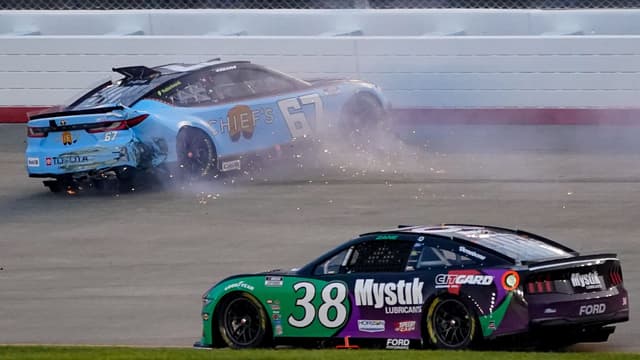 NASCAR Cup Series driver Corey Heim (67) wrecks during the Cracker Barrel 400 at Nashville Superspeedway in Lebanon, Tenn., Sunday, June 1, 2025.