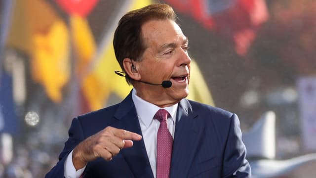 ESPN College GameDay analyst Nick Saban speaks during the live broadcast on the Texas Tech University campus on Nov. 8, 2025 in Lubbock, Texas.