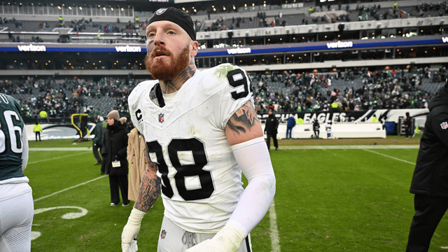 Philadelphia, Pennsylvania, USA; Las Vegas Raiders defensive end Maxx Crosby (98) on the field after loss to the Philadelphia Eagles at Lincoln Financial Field.