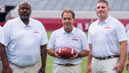University of Alabama head coach Nick Saban poses with offensive coordinator Mike Locksley, left, and defensive coordinator Tosh Lupoi, right, on the Alabama campus in Tuscaloosa, Ala. on Saturday August 4, 2018. Media18