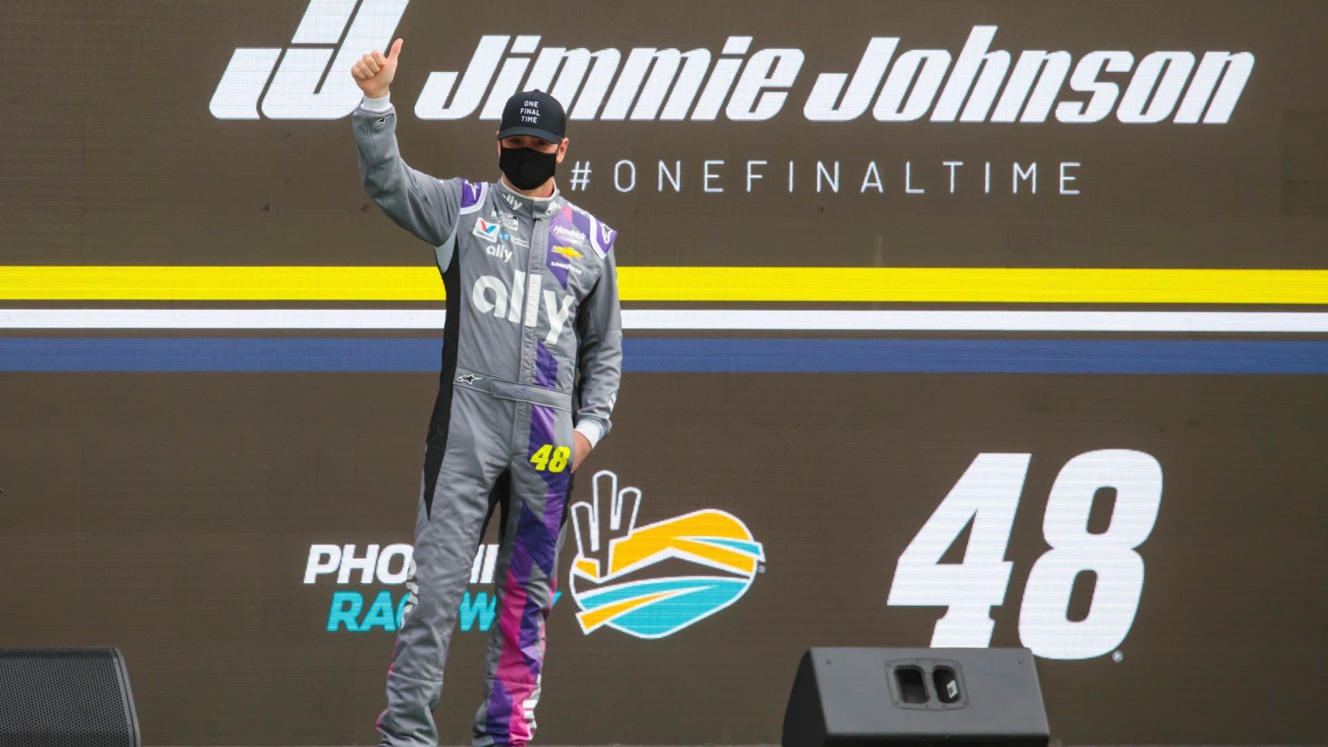 Nov 8, 2020; Avondale, Arizona, USA; NASCAR driver Jimmie Johnson (48) is honored prior to the final start of his career in the NASCAR Cup Series Championship at Phoenix Raceway.
