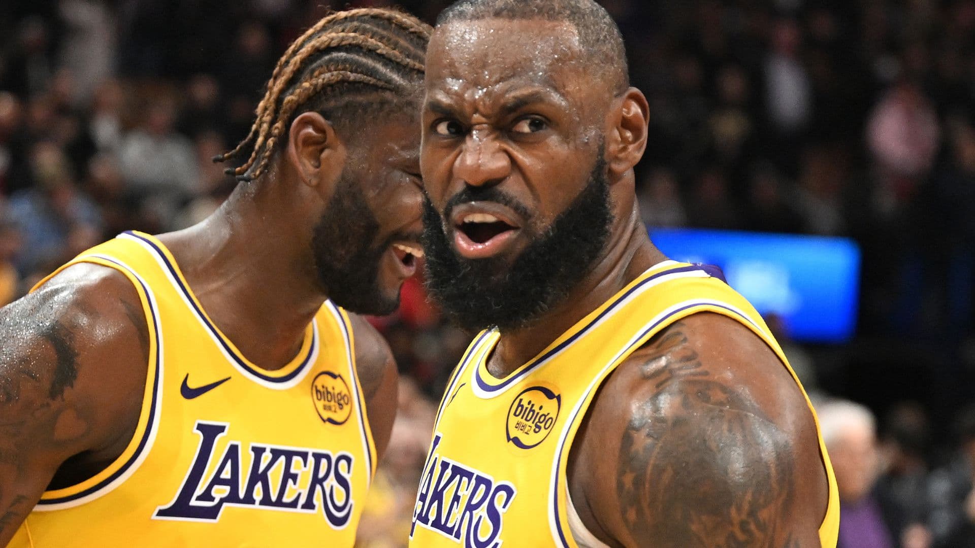 Dec 4, 2025; Toronto, Ontario, CAN; Los Angeles Lakers forward LeBron James (23) reacts after a win over the Toronto Raptors at Scotiabank Arena