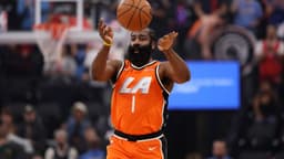 Nov 29, 2025; Inglewood, California, USA; Los Angeles Clippers guard James Harden (1) passes the ball during the first quarter against the Dallas Mavericks at Intuit Dome