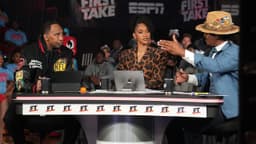 (Left to right) Stephen A. Smith, Amina Smith and Cam Newton discuss topics during ESPN's live broadcast of First Take at Memorial Hall at Delaware State University on October 29, 2025.