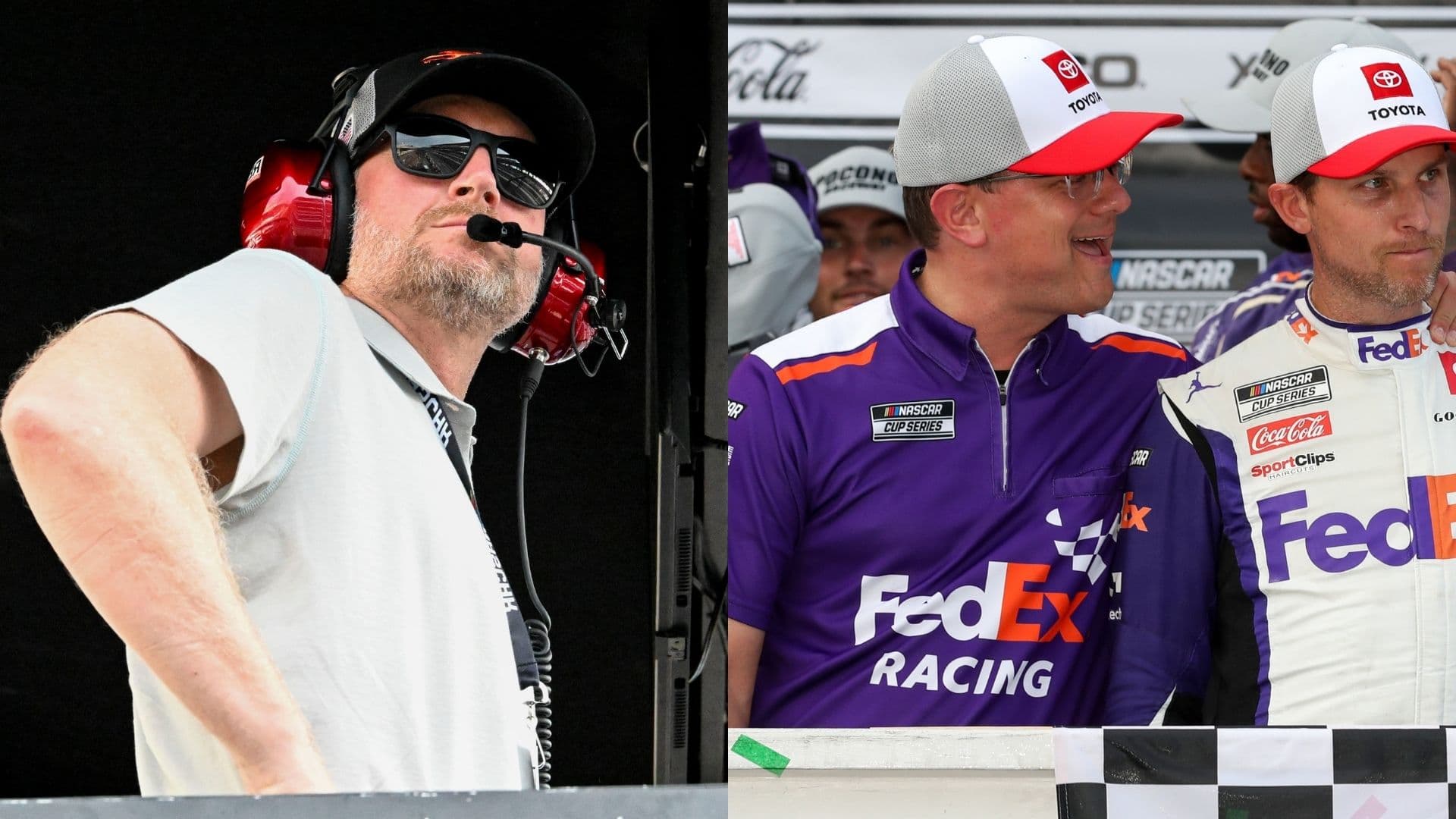 Dale Earnhardt Jr. (L) and Denny Hamlin with Chris Gabehart (R)