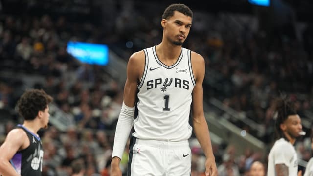Dec 27, 2025; San Antonio, Texas, USA; San Antonio Spurs forward Victor Wembanyama (1) during the first half against the Utah Jazz at Frost Bank Center.