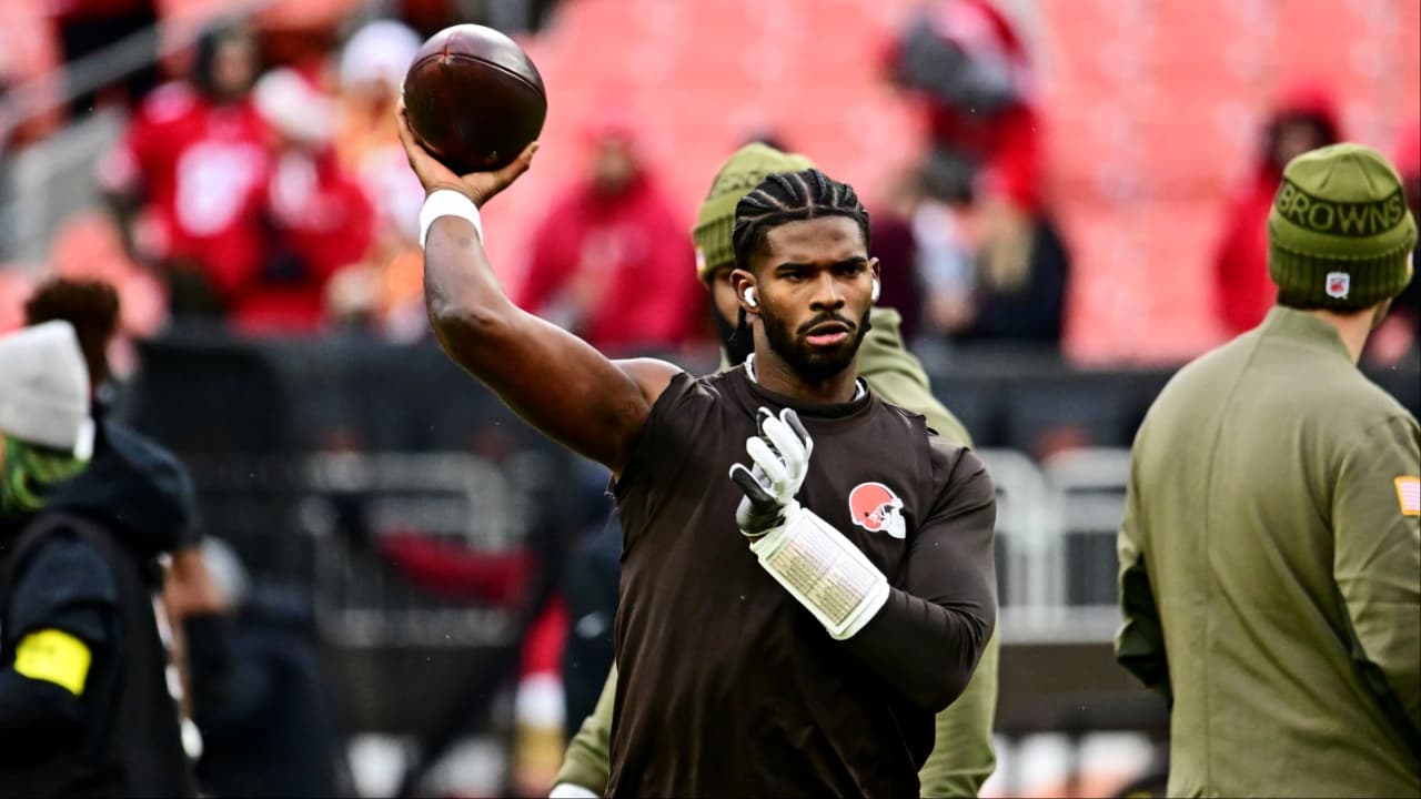 Cleveland Browns quarterback Shedeur Sanders (12) warms up before the game against the San Francisco 49ers at Huntington Bank Field.