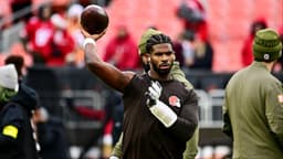 Cleveland Browns quarterback Shedeur Sanders (12) warms up before the game against the San Francisco 49ers at Huntington Bank Field.
