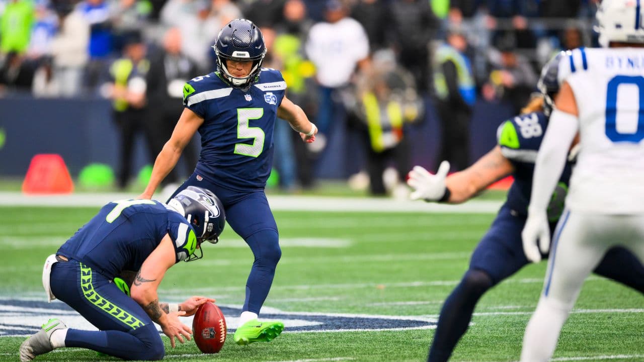 Seattle Seahawks place kicker Jason Myers (5) kicks a field goal against the Indianapolis Colts during the second quarter at Lumen Field.