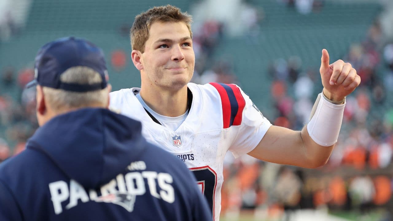 New England Patriots quarterback Drake Maye (10) reacts after defeating the Cincinnati Bengals at Paycor Stadium.