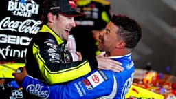 May 22, 2022; Fort Worth, Texas, USA; NASCAR Cup Series driver Ryan Blaney (12) celebrates in Victory lane with NASCAR Cup Series driver Bubba Wallace (23) after winning the All-Star Race at Texas Motor Speedway