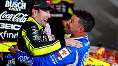 May 22, 2022; Fort Worth, Texas, USA; NASCAR Cup Series driver Ryan Blaney (12) celebrates in Victory lane with NASCAR Cup Series driver Bubba Wallace (23) after winning the All-Star Race at Texas Motor Speedway