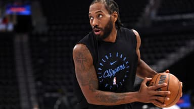 Nov 29, 2025; Inglewood, California, USA; Los Angeles Clippers forward Kawhi Leonard (2) warms up prior to the game against the Dallas Mavericks at Intuit Dome