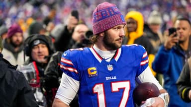 Buffalo Bills quarterback Josh Allen (17) walks off the field after the fourth quarter of the NFL Week 14 game between the Buffalo Bills and the Cincinnati Bengals at Highmark Stadium in Orchard Park, N.Y., on Sunday, Dec. 7, 2025. The Bills overcame a halftime deficit to win 39-34.