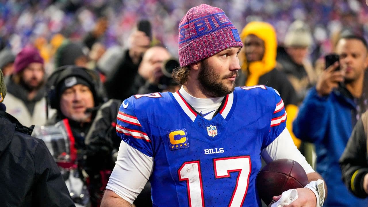 Buffalo Bills quarterback Josh Allen (17) walks off the field after the fourth quarter of the NFL Week 14 game between the Buffalo Bills and the Cincinnati Bengals at Highmark Stadium in Orchard Park, N.Y., on Sunday, Dec. 7, 2025. The Bills overcame a halftime deficit to win 39-34.