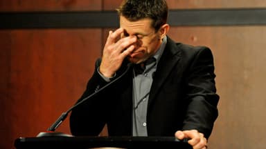 Jan 11, 2017; Huntersville, NC, USA; NASCAR driver Carl Edwards announces his retirement during a press conference at Joe Gibbs Racing headquarters.