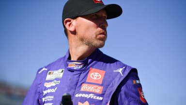 Oct 11, 2025; Las Vegas, Nevada, USA; NASCAR Cup Series driver Denny Hamlin (11) during qualifying for the South Point 400 at Las Vegas Motor Speedway