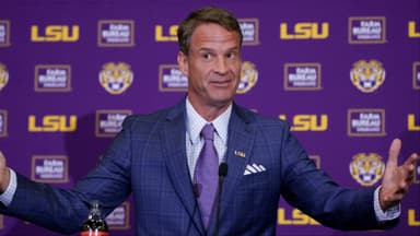 LSU new head coach Lane Kiffin speaks at South Stadium Club at Tiger Stadium.
