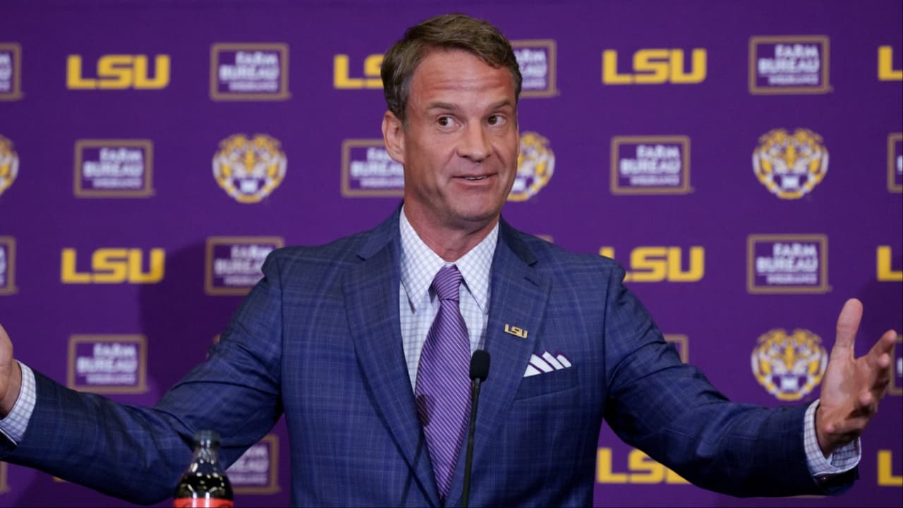 LSU new head coach Lane Kiffin speaks at South Stadium Club at Tiger Stadium.