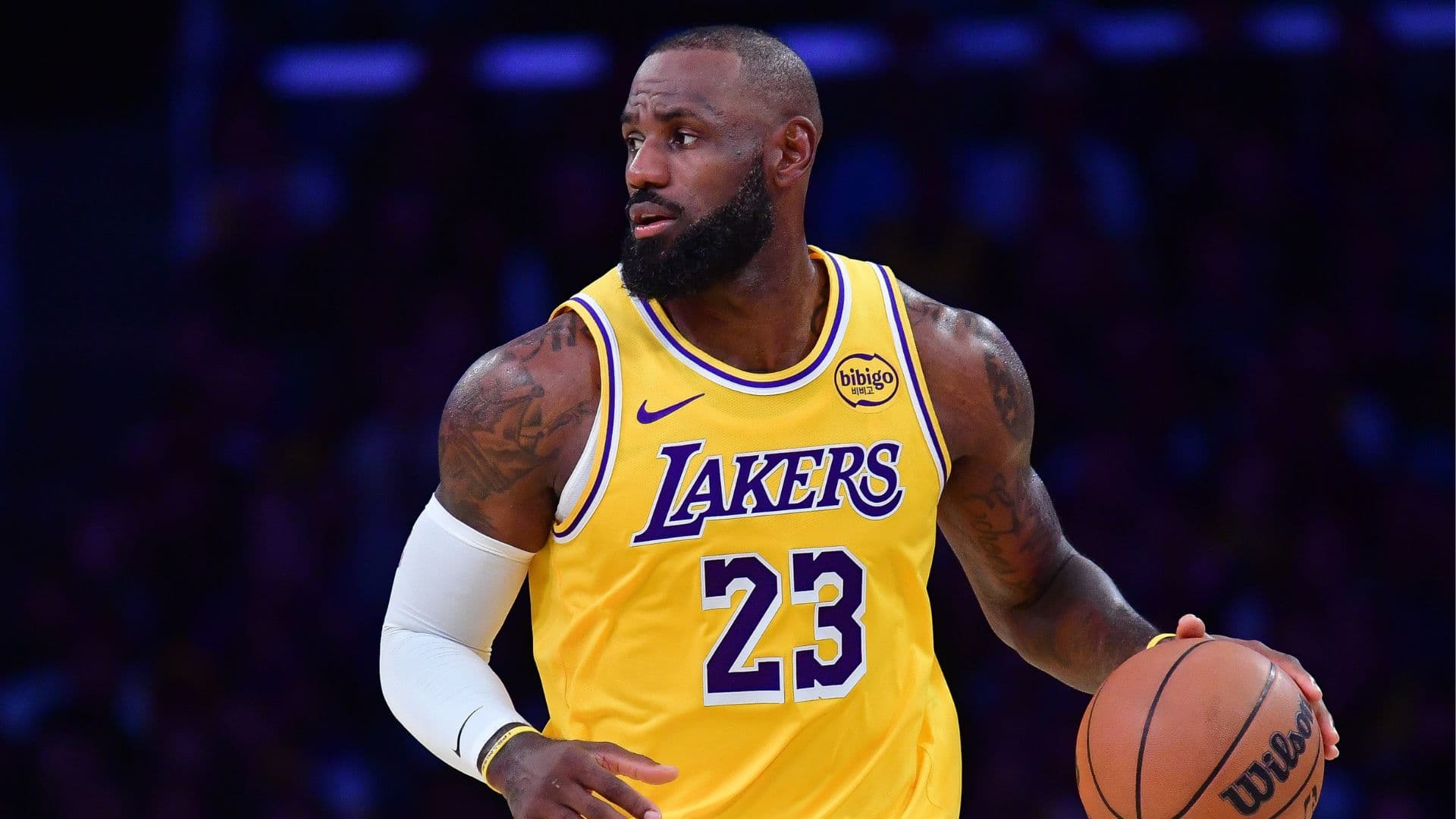 Dec 1, 2025; Los Angeles, California, USA; Los Angeles Lakers forward LeBron James (23) brings the ball up court against the Phoenix Suns during the second half at Crypto.com Arena