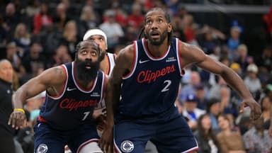 Oct 24, 2025; Inglewood, California, USA; Los Angeles Clippers guard James Harden (1) and forward Kawhi Leonard (2) Phoenix Suns forward Dillon Brooks (3) in the second half against the Phoenix Suns at Intuit Dome.