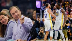 Joe Lacob(L), Stephen Curry and Draymond Green(R)