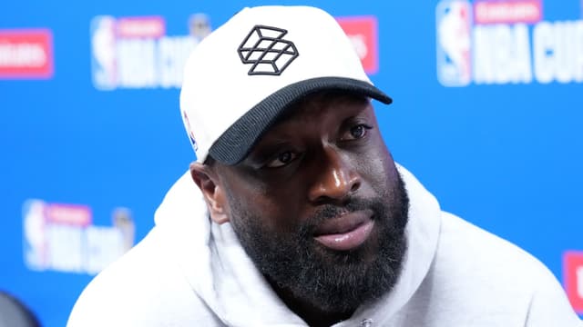 Dec 12, 2025; Las Vegas, NV, USA; NBA on Prime analyst Dwyane Wade at press conference at T-Mobile Arena.