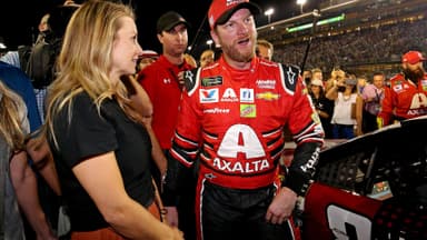 Nov 19, 2017; Homestead, FL, USA; NASCAR Cup Series driver Dale Earnhardt Jr. (88) with his wife Amy Reimann after the Ford EcoBoost 400 at Homestead-Miami Speedway.