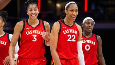 Jun 4, 2023; Indianapolis, Indiana, USA; Las Vegas Aces forward Candace Parker (3) and forward A'ja Wilson (22) celebrates the win against the Indiana Fever at Gainbridge Fieldhouse.