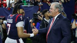 Houston Texans chief executive officer Cal McNair (right) greets quarterback C.J. Stroud (7) after a 2024 AFC wild card game against the Cleveland Browns at NRG Stadium.