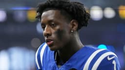 Indianapolis Colts cornerback Sauce Gardner (1) attempts to walk off the field on his own following an injury Sunday, Nov. 30, 2025, during a game against the Houston Texans at Lucas Oil Stadium in Indianapolis.