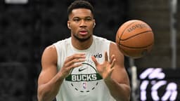 Nov 7, 2025; Milwaukee, Wisconsin, USA; Milwaukee Bucks forward Giannis Antetokounmpo (34) warms up before game against the Chicago Bulls at Fiserv Forum