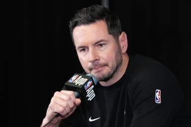 Dec 20, 2025; Inglewood, California, USA; Los Angeles Lakers Head Coach JJ Redick at press conference prior to the game against the LA Clippers at the Intuit Dome. Mandatory Credit: Kirby Lee-Imagn Images